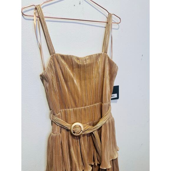 MAC DUGGAL Gold Metallic Plissé Square Neck Pleated Ruffle Belt Detail Dress 8 - Picture 5 of 16